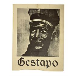 German monochrome 'Gestapo' poster, probably post-WW2, depicting the head of a grim faced Gestapo officer in uniform 55 x 42cm; unframed