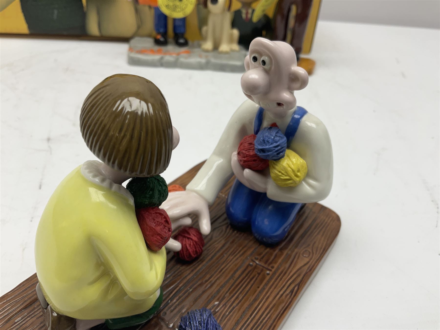 Six Coalport Characters Wallace and Gromit figures, comprising Ready for Takeoff, Woolshop Encounter, Do Something Gromit, Shaun's New Coat, More Cheese Gromit and Happy Birthday Gromit, two with original boxes 