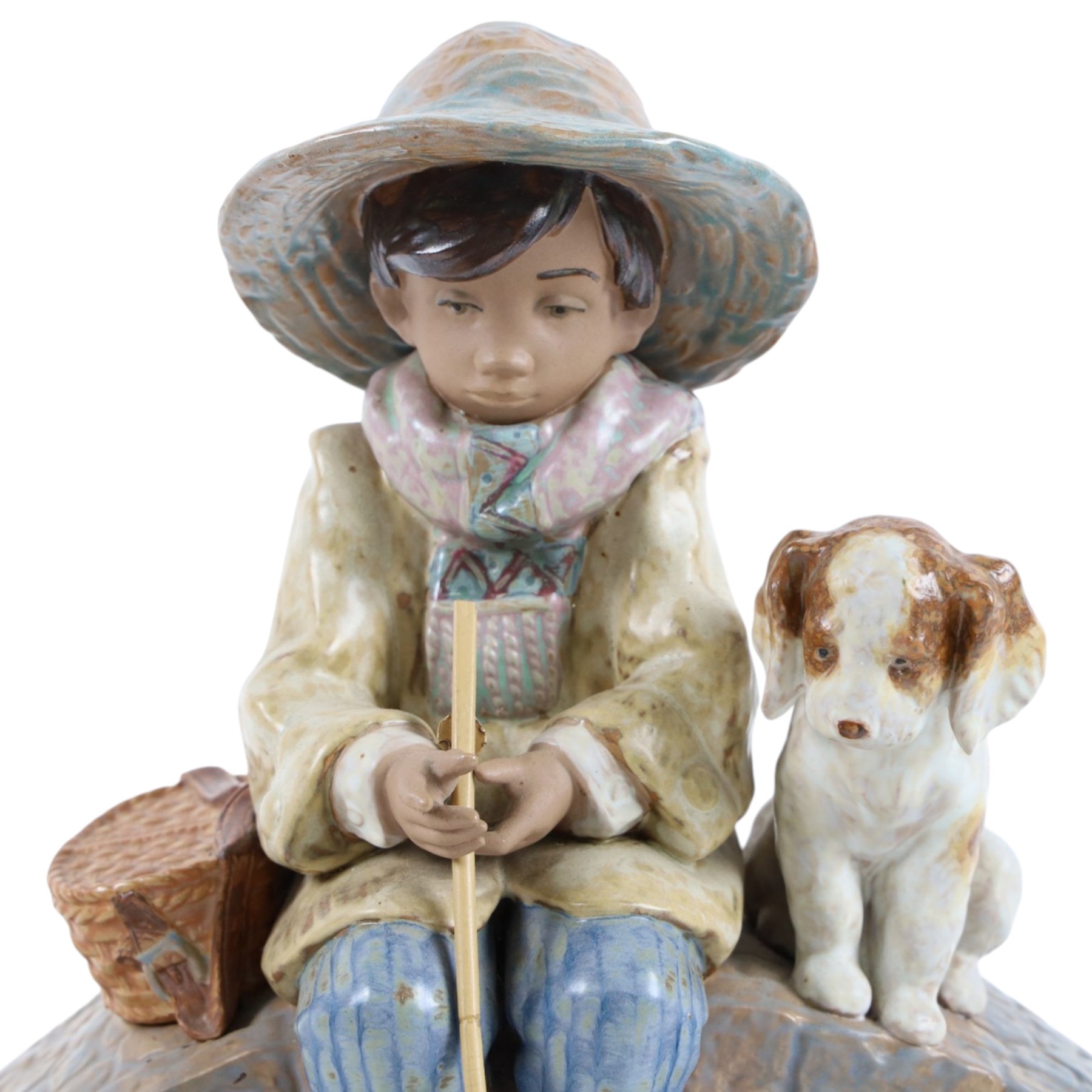 Lladro gres figure Boy on Bridge no.2237, together with Winter Boy no 5220 and a Nao figure