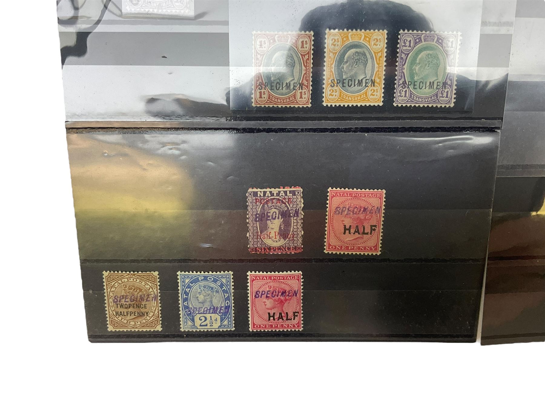 Transvaal King Edward VII 1903 five pounds with 'registered' cancel, Natal King Edward VII 1908/9 one pound, Basutoland King George V 1933 set of ten to ten shillings and other stamps with specimen overprints etc