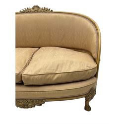 French Louis XV design walnut framed sofa, tub-shaped upholstered back with gilt foliate carved crest, padded seat with twin loose cushions, raised on cabriole supports with shell and acanthus leaf carvings
