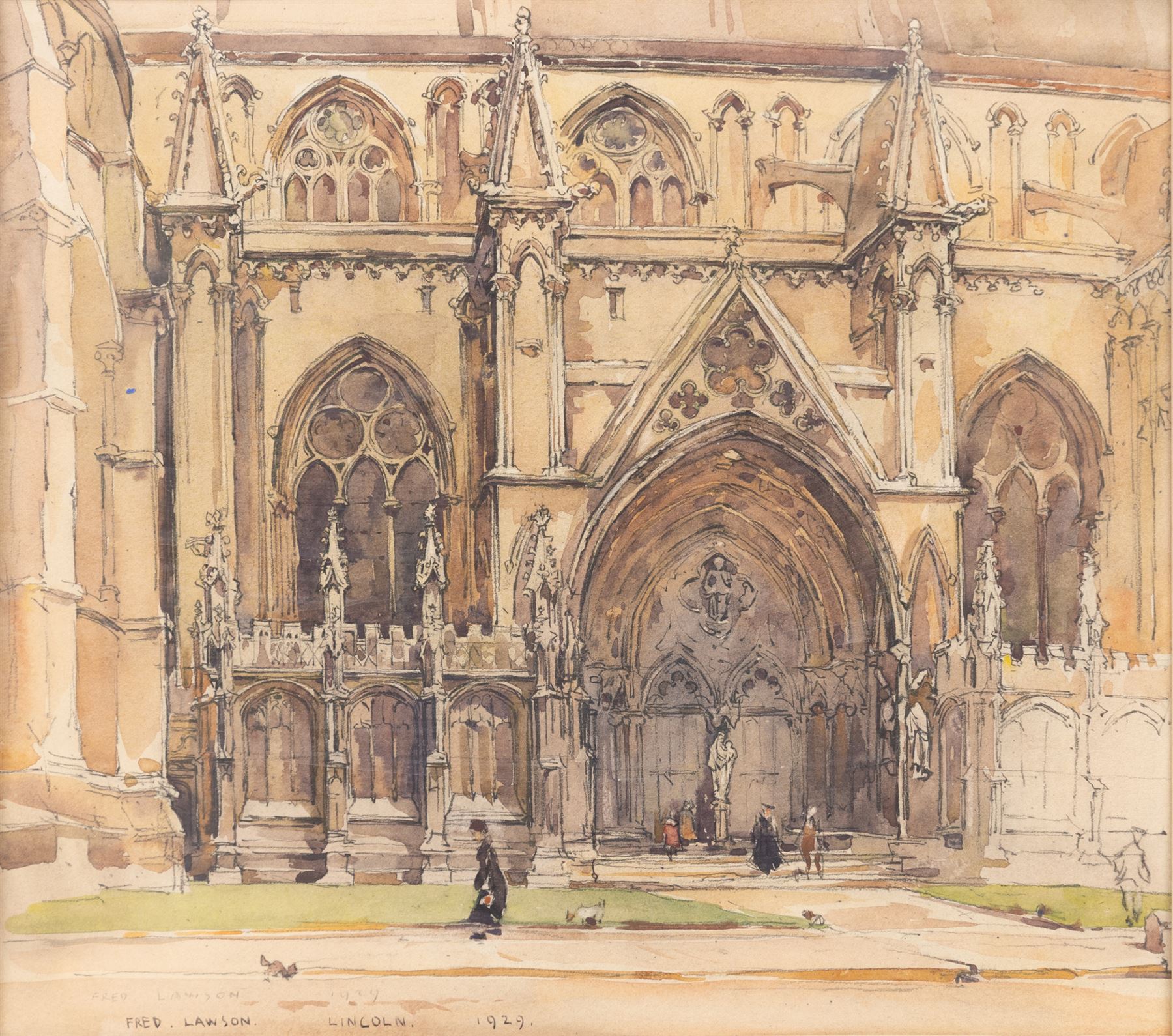 Frederick (Fred) Lawson (British 1888-1968): 'Lincoln' Cathedral, watercolour signed and dated 1929, 27cm x 30cm 
