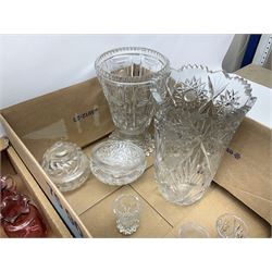  Mary Gregory style glass bowl and glass, together with two cranberry glass jugs, glass vases, glass bowls and covers, etc, two boxes  
