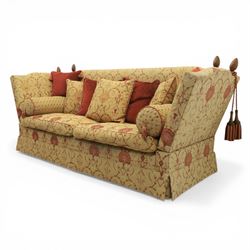 David Grundy - Grande Knoll style drop-arm settee in patterned fabric with nine associated scatter and bolster cushions
