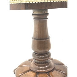 Victorian rosewood adjustable piano stool, circular revolving upholstered seat on turned column support, lobe carved platform base, three scroll carved feet, H53cm (lowest height)