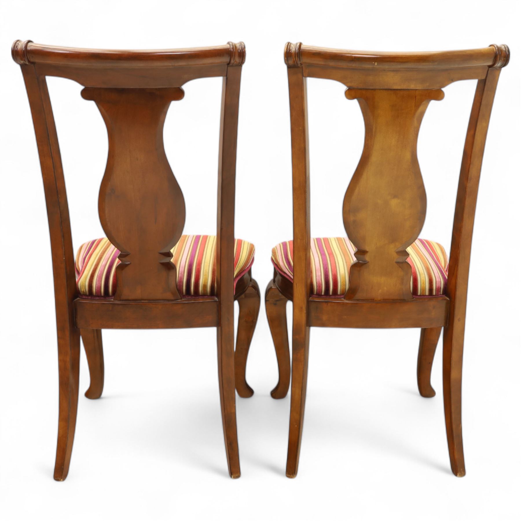 Willis & Gambier - mahogany extending dining table, rectangular top with rounded corners on cabriole legs, with two 35cm extension leaves, four Willis & Gambier upholstered high back chairs and four mahogany chairs, upholstered in a stripped multi-coloured velvet fabric, with scroll-shaped top rail, lyre-shaped back splat on cabriole legs, chairs W46xD91x97cm (11) 