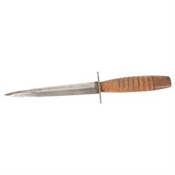 WWII British Fairbairn Sykes Wooden Hilt Commando Knife, with unmarked 17cm double edged blade, oval steel cross guard, barrel style wooden grip, in leather scabbard, overall L30cm