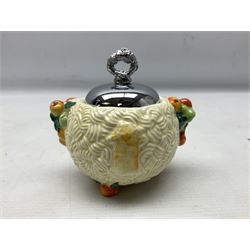 Clarice Cliff Celtic Harvest pattern sugar bowl, with original silver plate cover upon basket weave effect spherical body decorated with raised stylised fruit, H11cm