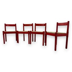 Vico Magistretti - mid-20th century circa. 1970s set of four beech framed dining chairs in red finish, with drop-in rush seats