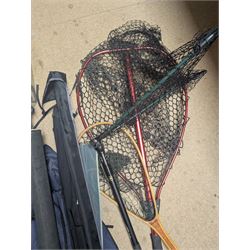 Collection of fly fishing equipment and similar, including Pflueger Summit 5 Fly Rod, Stimulator ST8605 Fly Rod, Power Plus Tiger Edition, Snowbee net and two others, Snowbee waders size 10, Abu Garcia 276Ui reel, Predator fly reel, Stealth Cassette 1 Fly Reel, etc 