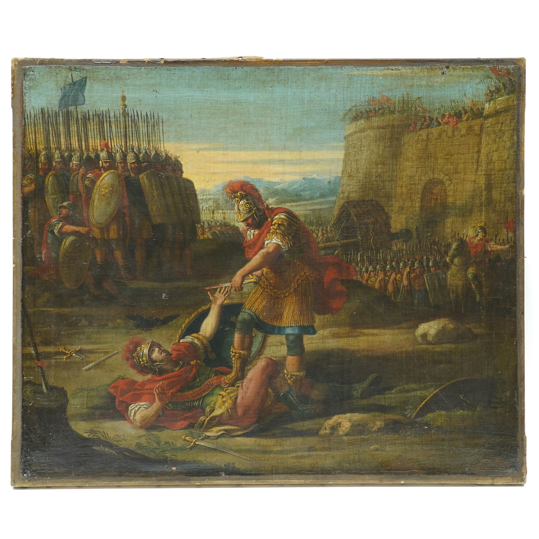 Circle of Pompeo Girolamo Batoni (Italian 1708-1787): 'Venus Presenting Aeneas with Armour' and 'Aeneas slaying Turnus', pair 18th century oils on canvas unsigned 64cm x 76cm (2)
Notes: both paintings depict iconic scenes from Virgil's Aeneid - the former illustrating Book VIII, with Venus descending upon a cloud accompanied by Cupid to present the divine arms forged by Vulcan, as Aeneas and his companions look on. The second depicts the climactic duel from Book XII, with Aeneas poised to deliver the fatal blow to Turnus before the assembled armies.