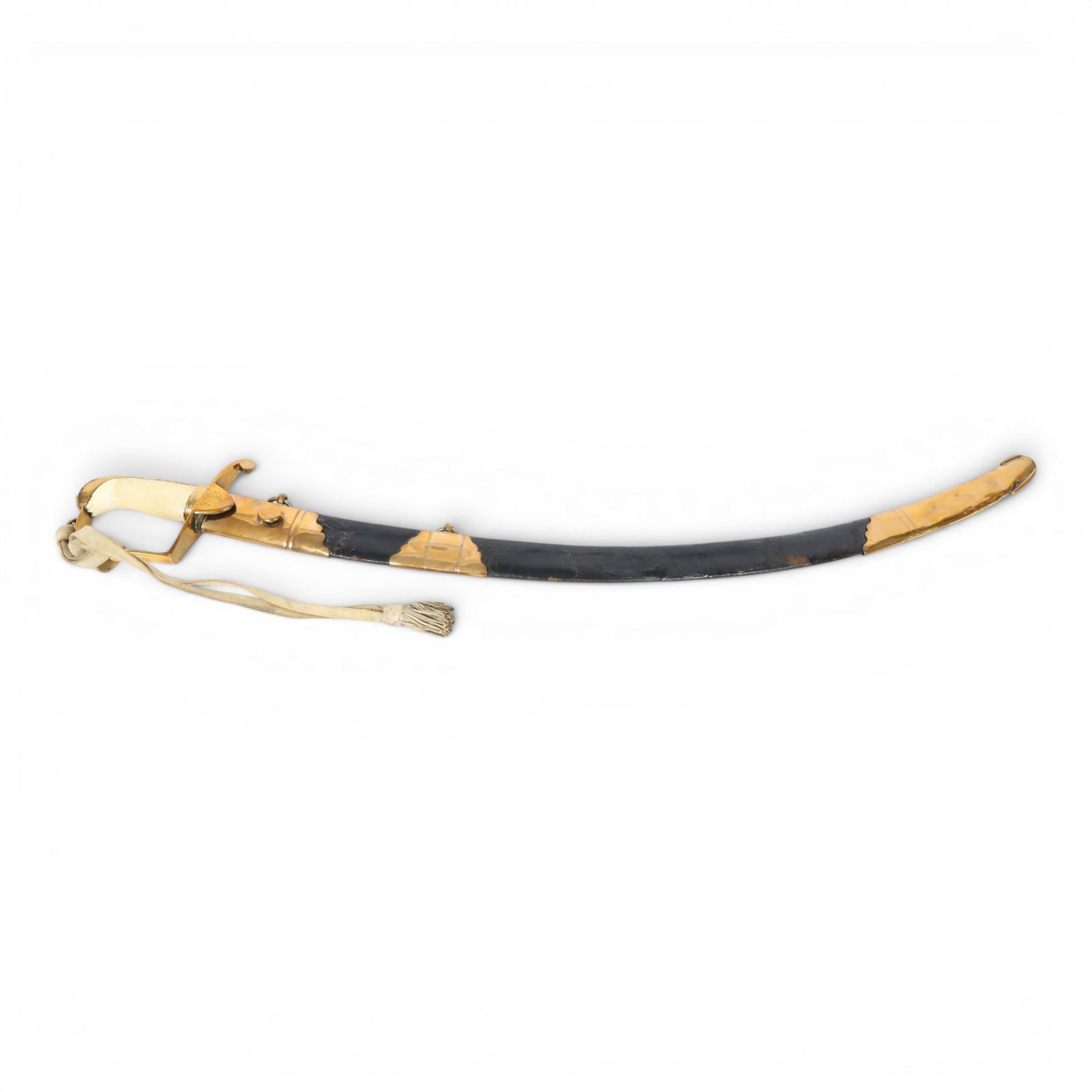 British 1976 pattern cavalry officers' saber variation of  private purchase, the 76cm single edged blade extremely curved, brass stirrup hilt with chequered ivory grip the languets bearing military trophies, with original buck skin sword knot, the leather scabbard has three brass mounts with twin suspension rings, the top mount bears makers cartouche of 'Tatham to his Majesty, Charing Cross London', 1800-1860, overall L90cm  This item has been registered for sale under Section 10 of the APHA Ivory Act 