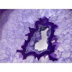 Pair of purple agate slices, polished with rough edges, raised upon gilt metal stands