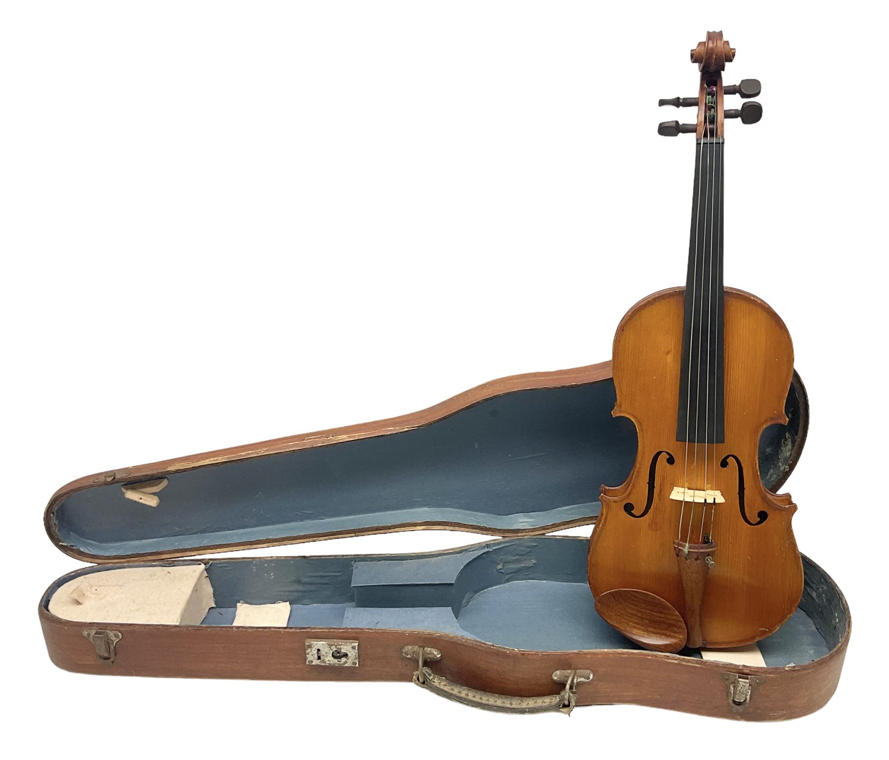 20th century French violin with 36cm one-piece maple back and ribs and spruce top L59cm overall; in mahogany stained wooden carrying case