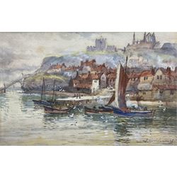 John Wynne Williams (British fl.1900-1920): Boats at Tate Hill Pier Whitby, with the Spa Ladder in the background, watercolour signed 16cm x 25cm