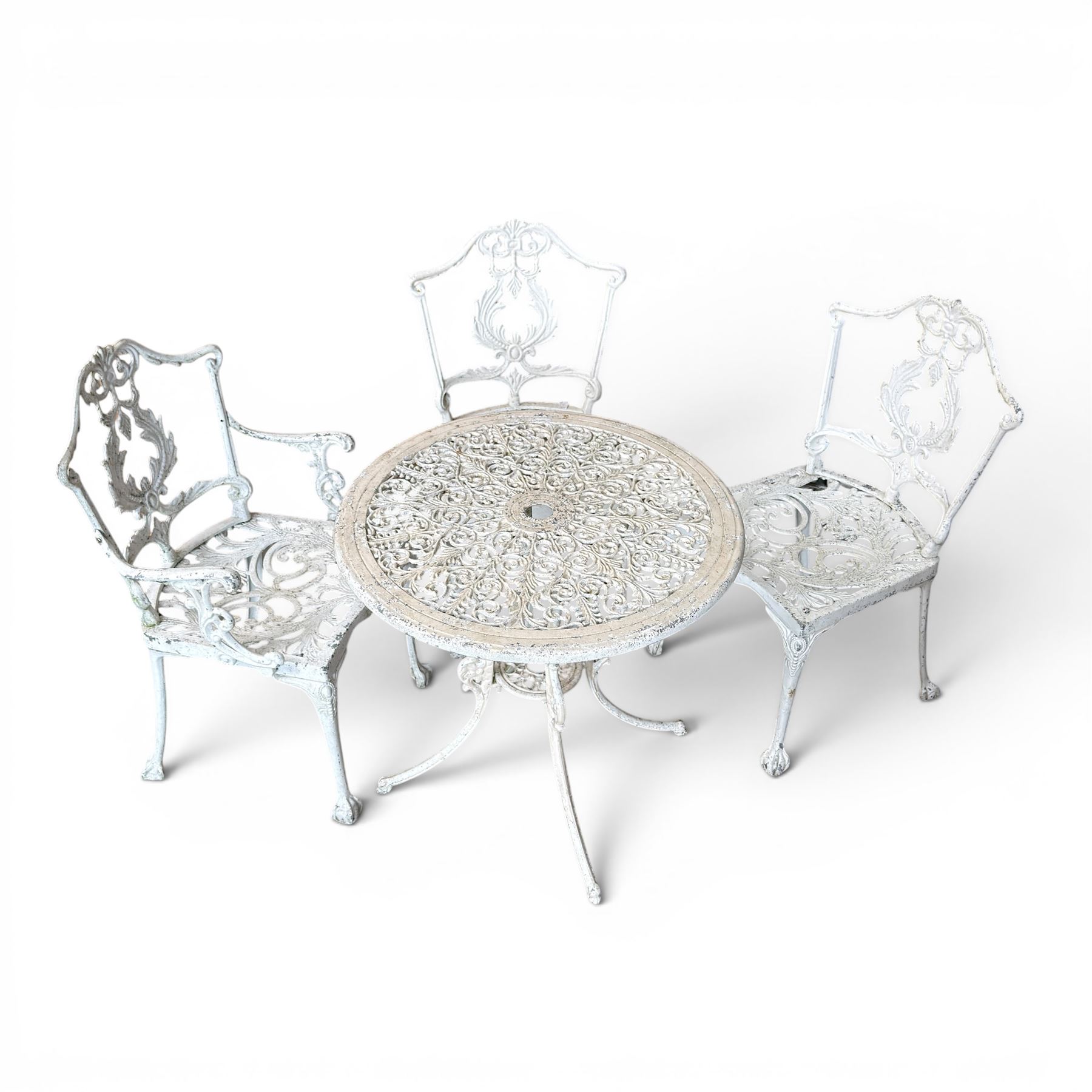 Victorian design cast aluminium circular garden table, and three chairs