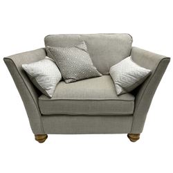 Oak Furnitureland - three-piece lounge suite upholstered in grey fabric, large three-seat sofa (W238cm, D106cm), two-seat sofa (W209cm), and snuggler sofa (W129cm)