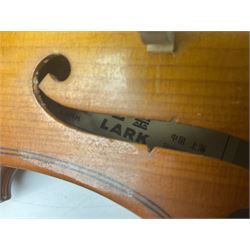 Four Chinese graduated violins - full size with 35.5cm two-piece back; three-quarter size with 33.5cm two-piece back; half size with 31cm two-piece back; and quarter size with 27.5cm two-piece back; all cased except full size; one with bow (4)