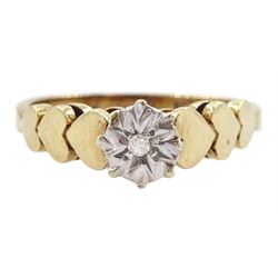 9ct gold single stone diamond ring, with heart design shoulders, hallmarked