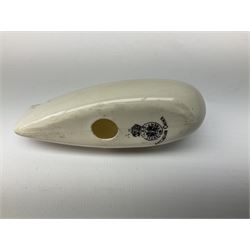 Three pieces of crested ware, comprising grenade detailed 'The Mills Hand Grenade' with Filey Crest, marked beneath Grafton China, a cannon with crest banner detailed 'Sterlini Oppidvm', marked beneath W H Goss, and a submarine with Tunbridge Wells crest, marked beneath Arcadian China 