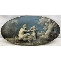 Circle of Jacob De Wit (Dutch 1695-1754): Aphrodite and Eros, oval oil on 18th century oak panel unsigned 22cm x 43cm (unframed)