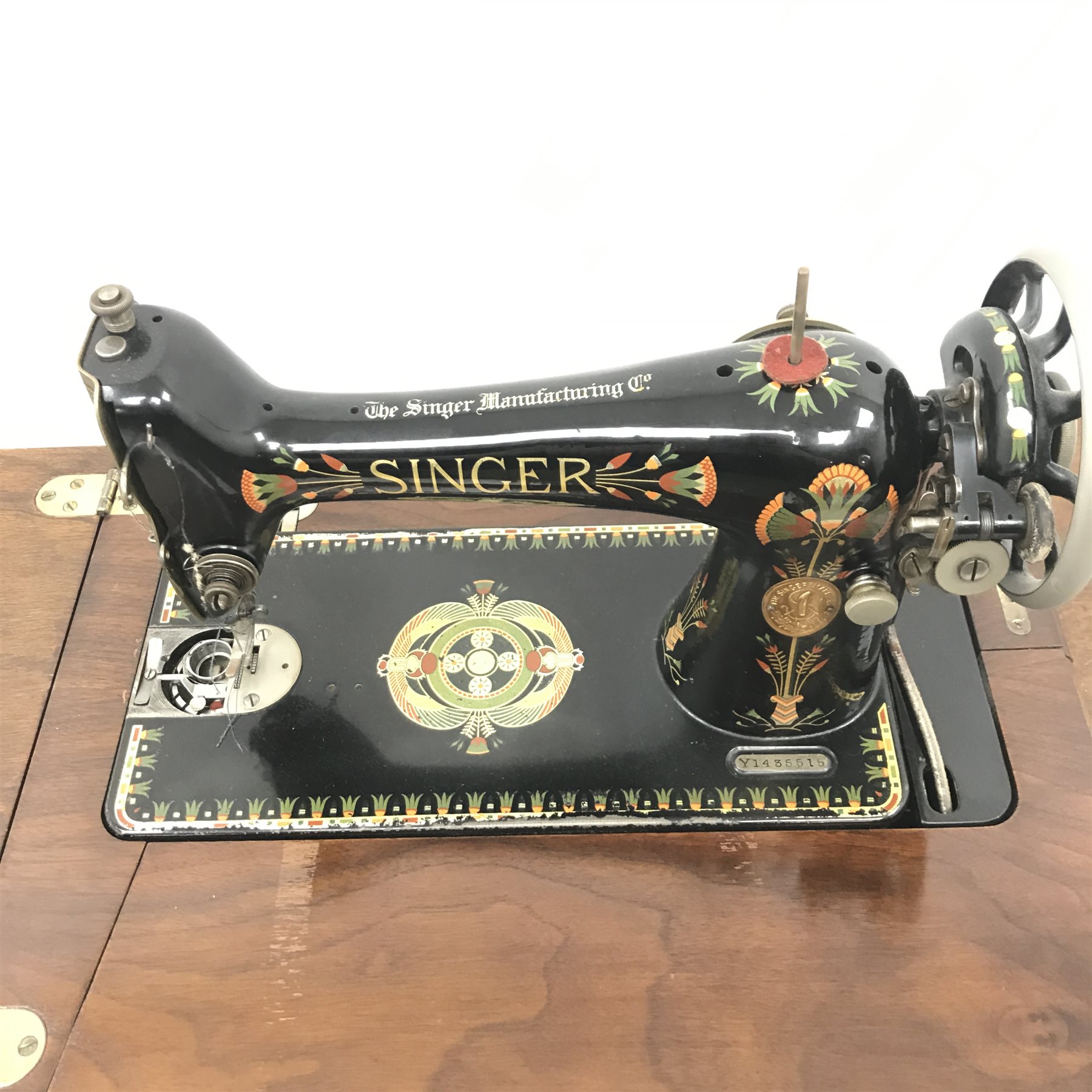 Singer Treadle sewing machine, four drawers, wrought iron base, W91cm