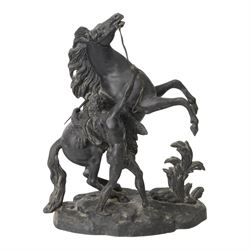Three spelter Marley Horse figures, after Guillaume Coustou, each modelled as a rearing horse restrained by  groom, tallest H41cm