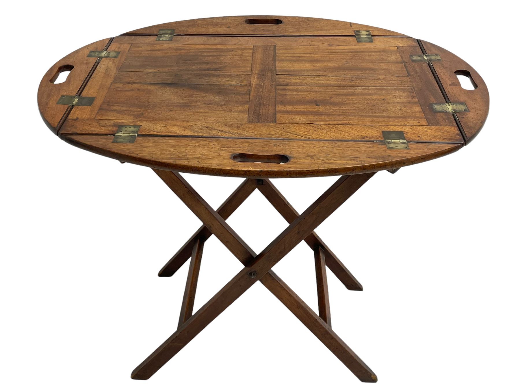 George III mahogany butler's tray on stand, the panelled tray with hinged sides pierced with handles, on folding stand