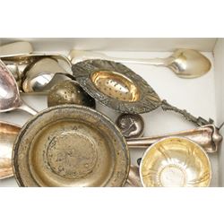 Pair of folding lorgnettes in tortoiseshell case, another in mother of pearl case, 800 standard silver saucer dish 'Stella Polaris', salt inset with a George II coin, plated cutlery etc