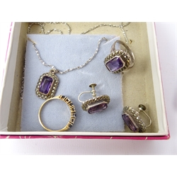  9ct gold sapphire and diamond ring, hallmarked, silver marcasite and stone set pendant necklace and matching earrings, two micro mosaic brooches matching earrings and other costume jewellery   