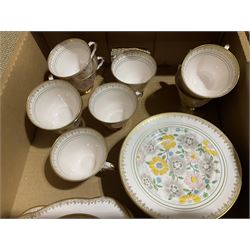 Paragon tea wares decorated in the 'Country Lane' pattern, Plant Tuscan tea set for nine, the pink ground with flower and gilt decoration, Wedgwood 'Mayfield' coffee wares etc in two boxes