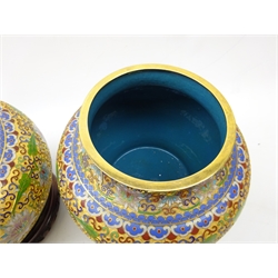  Pair 20th century Chinese Cloisonne Ginger Jars, the cover with gilt Dog of Fo finial on hardwood stands, H27cm  