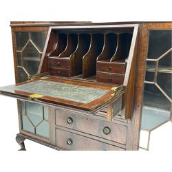 Early 20th century mahogany bureau bookcase, central fall front with fitted interior flanked by two glazed cabinets 