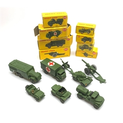 Dinky - eight military vehicles comprising 7.2 Howitzer No.693, Armoured Command Vehicle No.677, Military Ambulance No.626, Armoured Car No.670, 25-Pounder Field Gun No.686, Austin Champ No.674, Army Water Tanker No.643 and Scout Car No.673, all boxed (8)