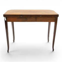 George III mahogany tea-table, the D-shaped rectangular fold-over top with satinwood stringing, raised on elegant square tapering and splayed supports with spade feet and gate-leg action