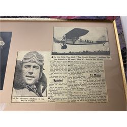 James Mollison (1905-1959) Scottish Pioneer Aviator and husband of Amy Johnson (1903-1941) - ink signature on clipped album page 'To Jimmy Sincerely James Mollison', mounted and framed with postcard size photograph of Amy by Vaughan & Freeman which appears to be signed 'Johnson' and dated '5/5/30', contemporary newspaper cutting about James and 'silver' badge of the bi-plane 'Jason' dated 1930 27 x 35cm