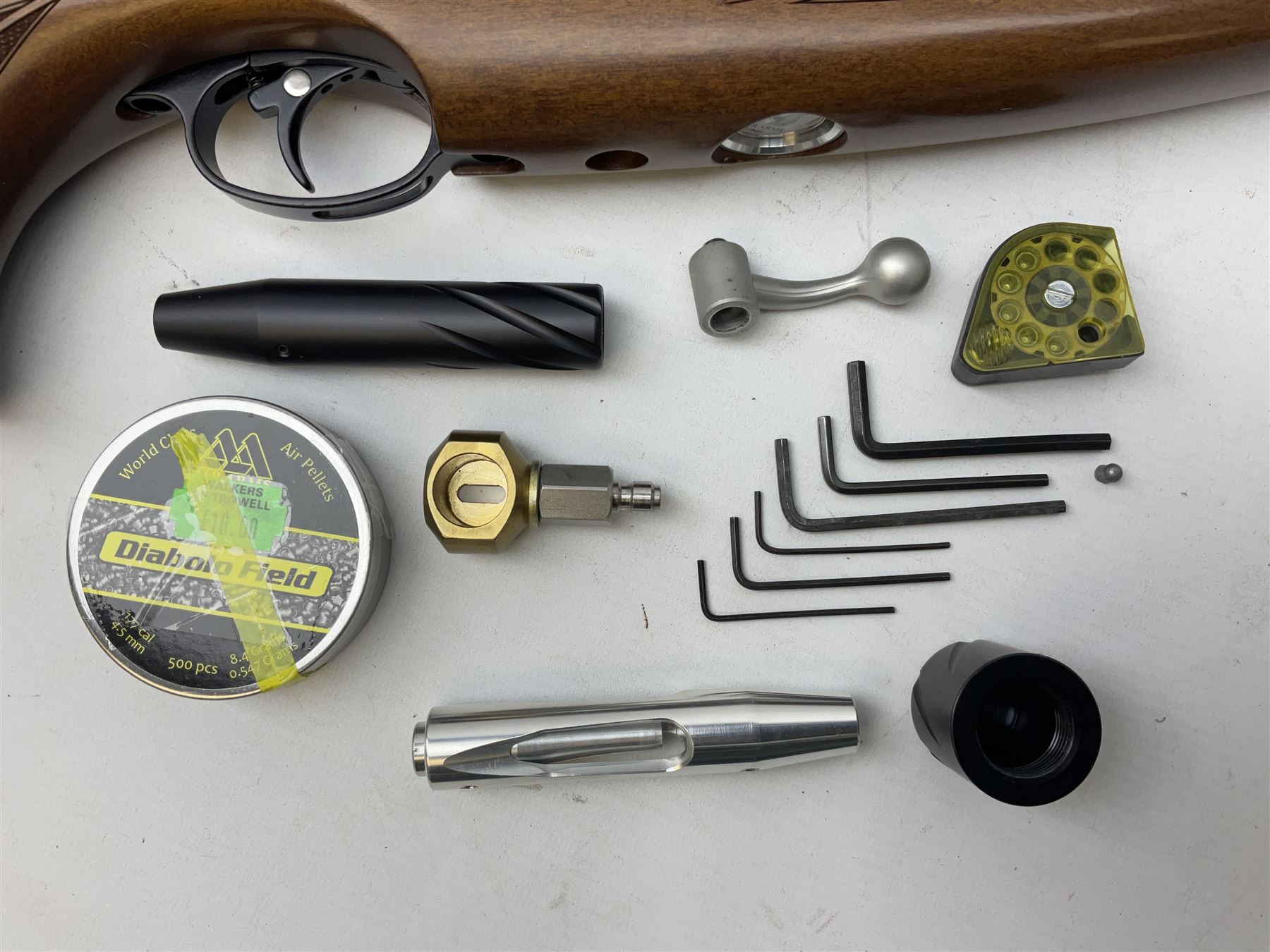 Air Arms Model S410F Classic .177 multi-shot compressed air rifle with bolt action, underside pressure gauge, chequered pistol grip, moderator and Hawke Sport HD 3-9x50 scope L112cm; in Anglo Arms camouflage sleeve with spares, tool kit, magazine and instruction manual