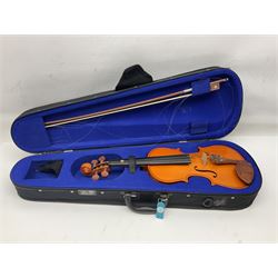 Three Stentor Student violins - three-quarter size with 33cm two-piece back; and two quarter size each with 28cm two-piece back; each in carrying case with bow (3)