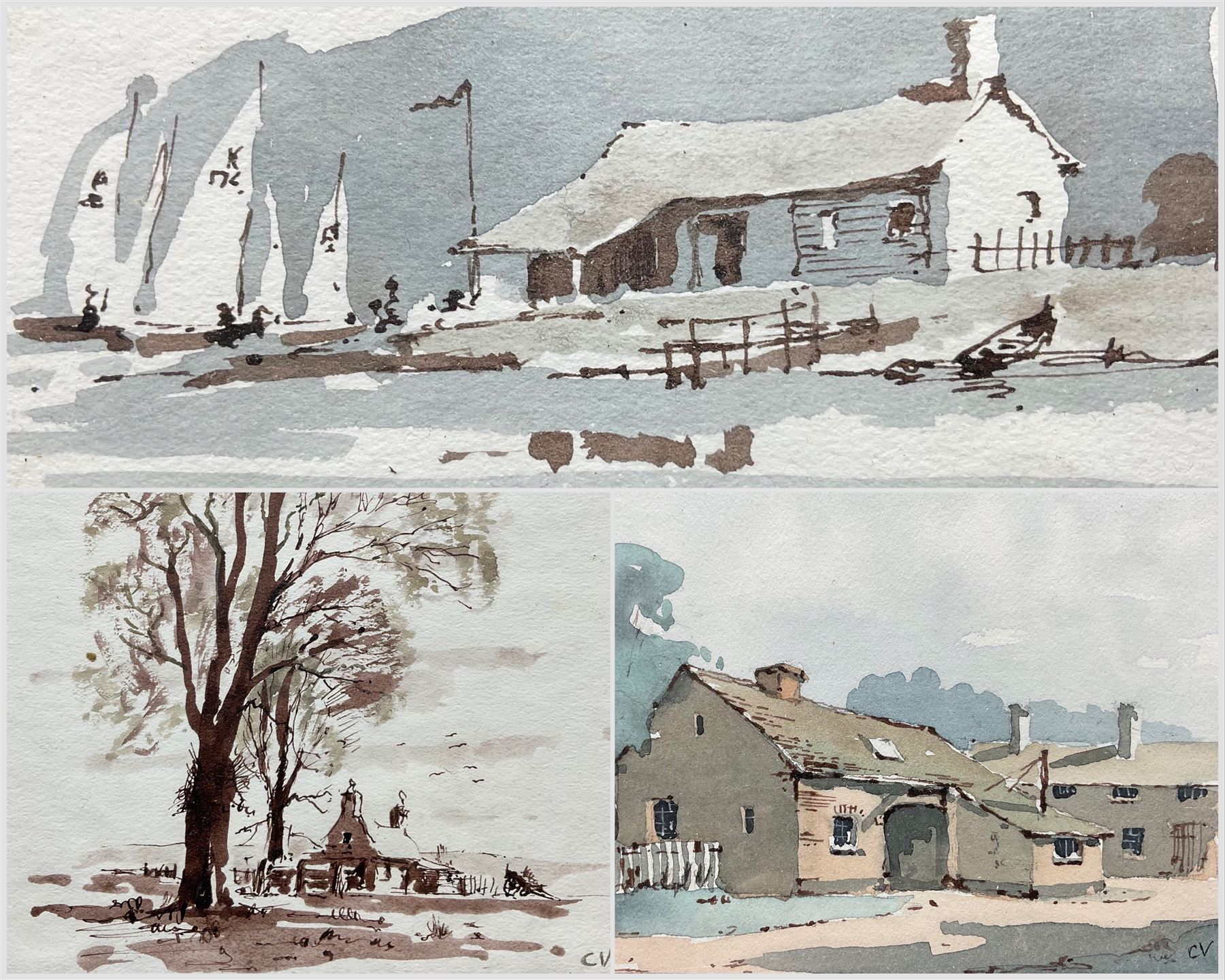 Colin Verity (British 1924-2011): Landscapes, three watercolours framed as one signed with initials, max 15cm x 14cm