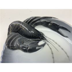 Pair of Royal Copenhagen bowls modelled as baskets and mounted with lobsters, model no 3498 and 3277, with painted and printed marks beneath, largest D19cm