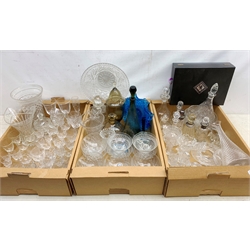  A large quantity of assorted glassware, to include Stewart drinking glasses, two silver mounted bottles, decanters, and other cut glass.   