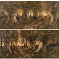 English School (19th/20th century): Figures Strolling Through Dense Forest, pair of oils o...