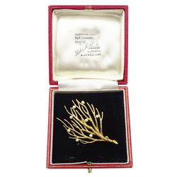 9ct gold abstract branch design brooch, set with pearls, London import marks 1967