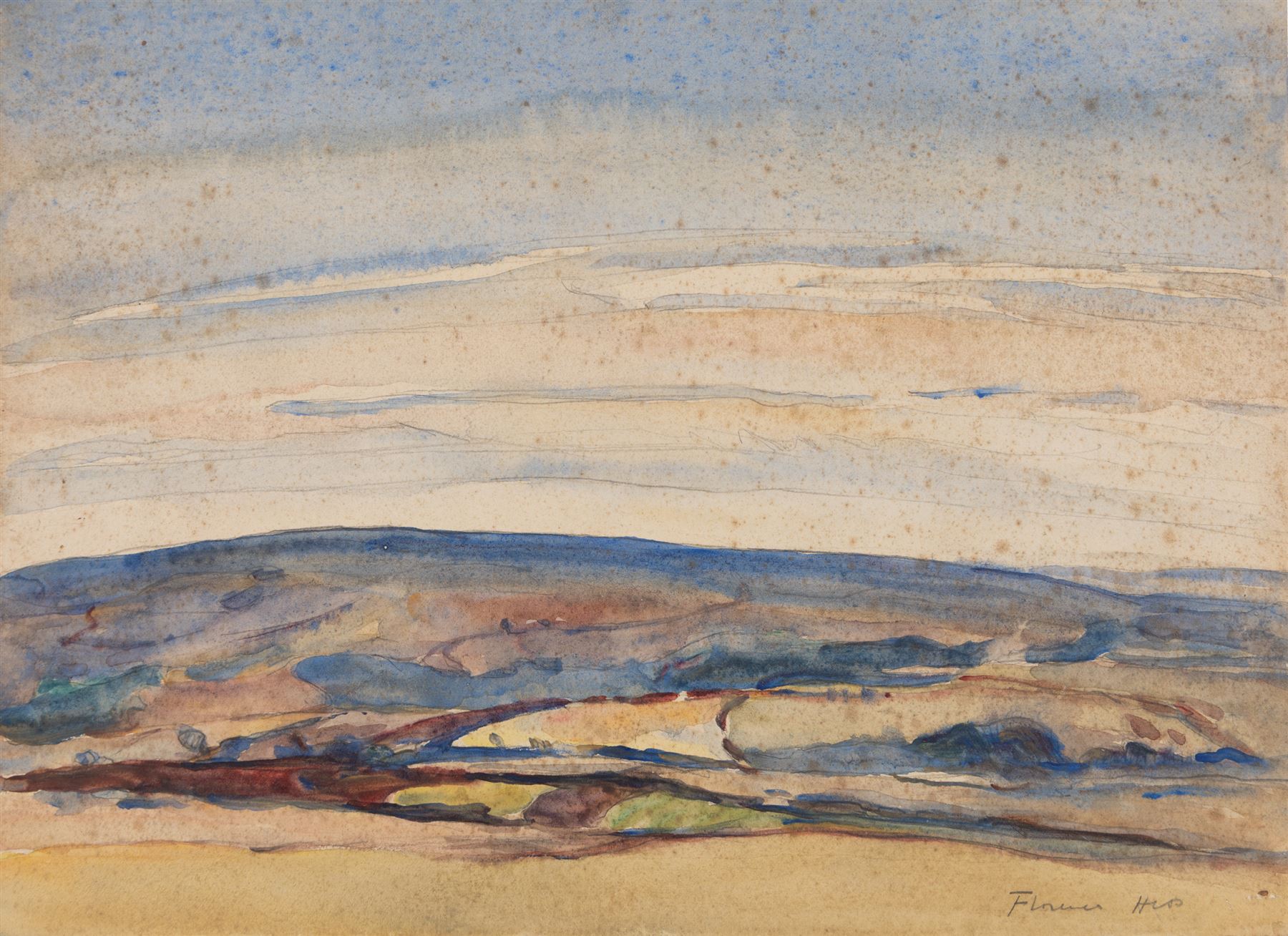Florence Adelina Hess (Staithes Group 1891-1974): View Across a Moors Landscape, pencil and watercolour signed 27cm x 37cm (unframed) 
Provenance: from the collection of Doris Bilbrough (née Sykes), cook to the Hess household in the 1930s, thence by descent through the family.
