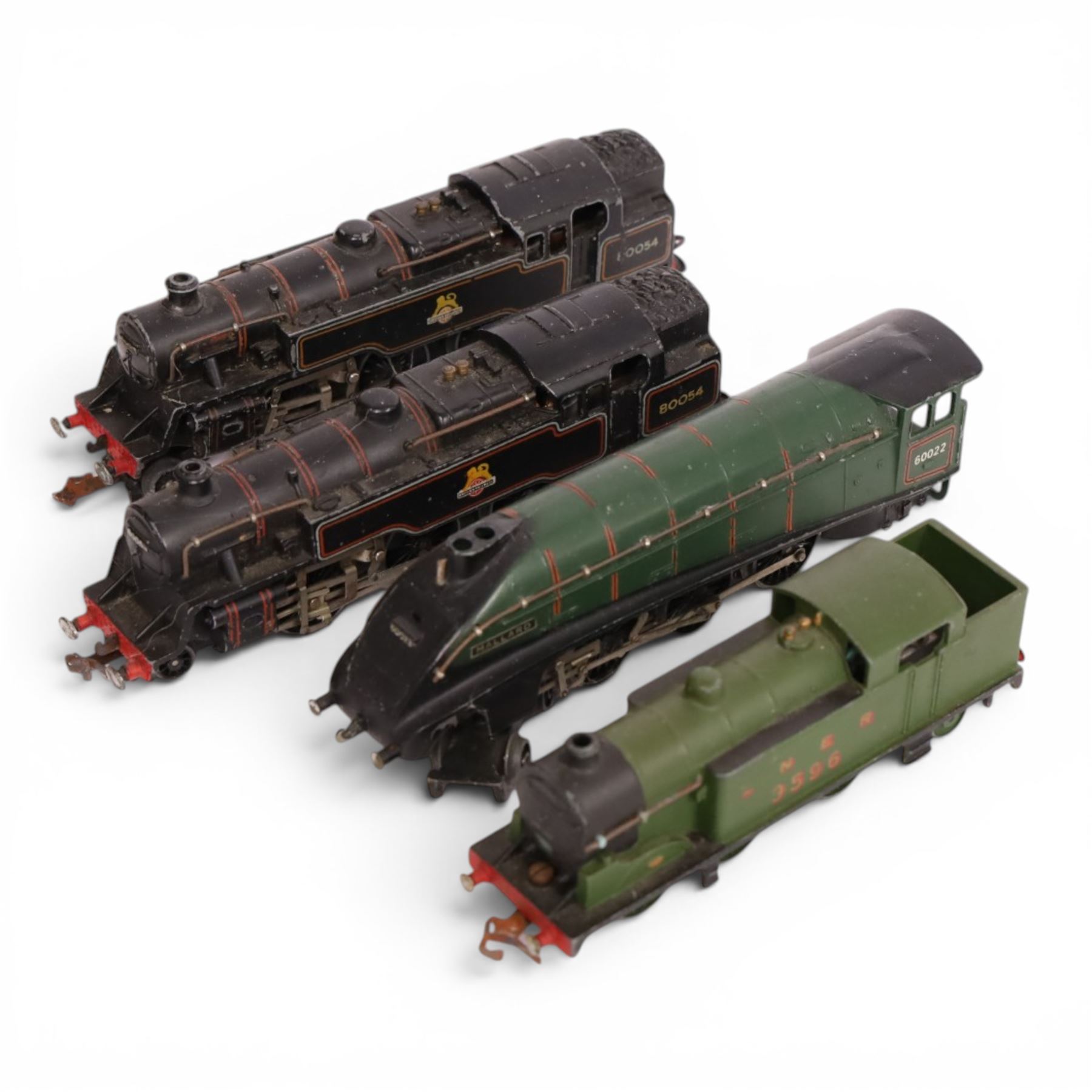 Ten Hornby Dublo three-rail locomotives, including EDLT20 locomotive and tender 'Bristol Castle', EDL12 locomotive 'Duchess of Montrose' and a Bo-Bo Diesel Electric locomotive, three in original striped boxes