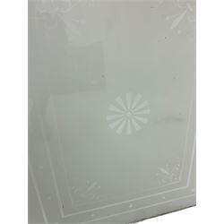 Three Edwardian frosted glass panels, decorated with central paterae motif and a stylised boarder, L70cm H53cm