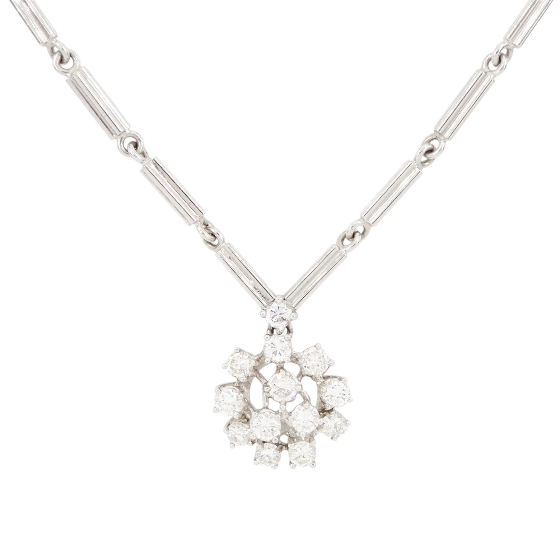 18ct white gold round brilliant cut diamond cluster pendant necklace, Sheffield import mark, total diamond weight approx 1.00 carat