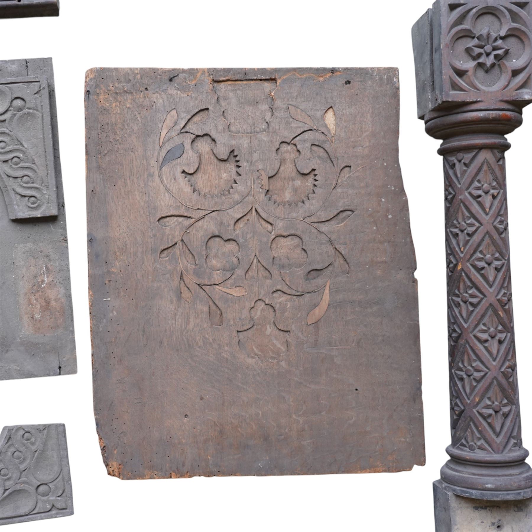 Architectural Salvage - Quantity of oak architectural feaatures including set of six carved communion rail supports, pierced and carved decorative panels, lead mounted pelmet etc
Note: Removed in the 19th century from the church in the grounds of a private Yorkshire estate 
Provenance: property of a Nobleman