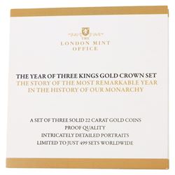 Queen Elizabeth II Tristan da Cunha 2010 'Year of Three Kings' gold proof three coin set, comprising three one crown coins, issued by The London Mint Office, cased with certificate