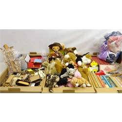  Collection of TY Beanie Babies and other stuffed toys, Britains plastic farm animals & others, dolls house furniture & clothing, Enid Blyton vintage novels and similar items in three boxes  